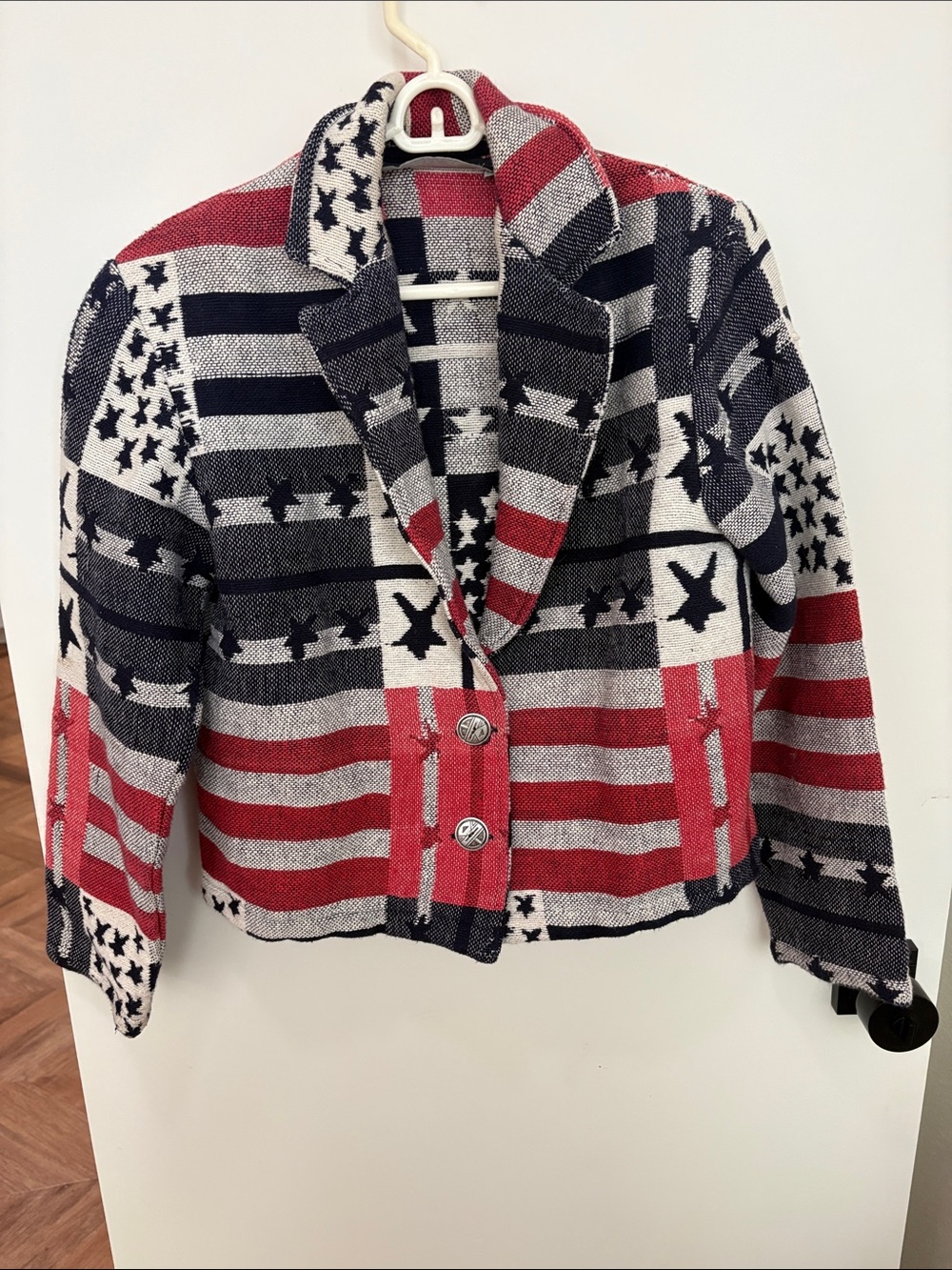 Womens Red, Navy & White Flag-Pattern woven “blanket” Jacket